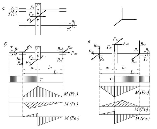 Схемы моментов. Расчётная схема нагружения валов косозубой передачи. Схема сил в зацеплении косозубой цилиндрической передачи. Схема нагружения конической передачи. Схема нагружения вала - шестерни цилиндрической косозубой передачи.