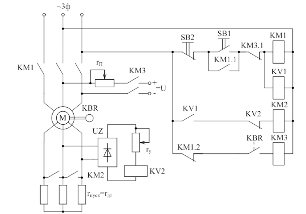 Схема управления двигателем с фазным ротором в функции тока