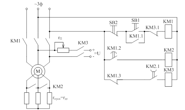 Динамическое торможение кранового двигателя с фазным ротором схема