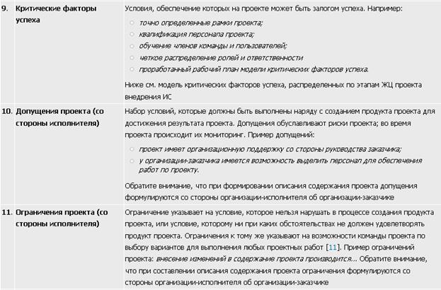 Содержит набор условий которые должны быть выполнены наряду с созданием продукта проекта это