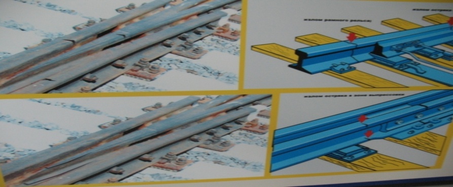 Выкрашивание на приемоотправочных путях недопустимое. Излом стрелочных башмаков. Выкрашивание крестовины. Излом крестовины сердечника усовика или контррельса. Излом крестовины.